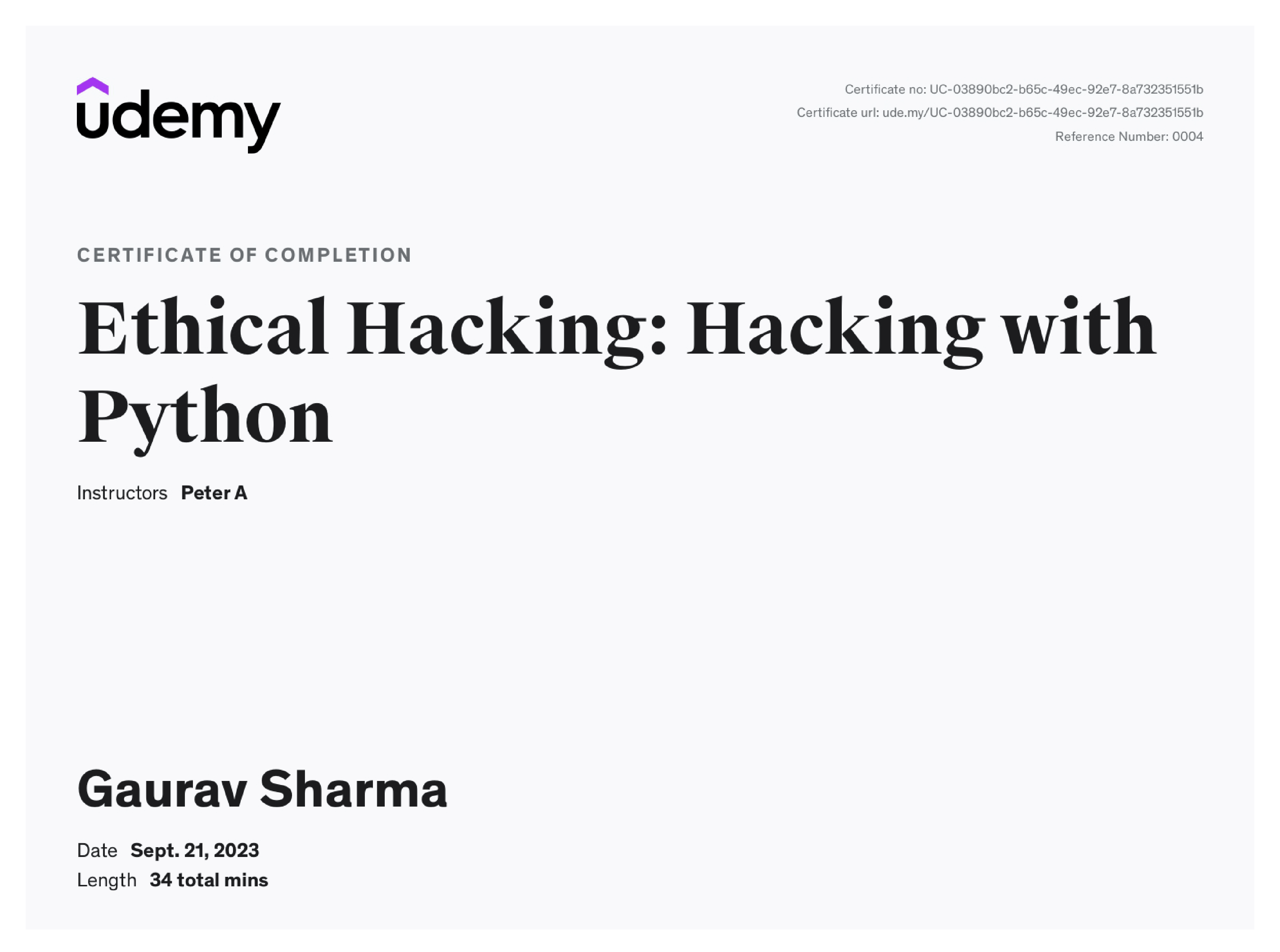 Ethical Hacking With Python Certificate from Udemy